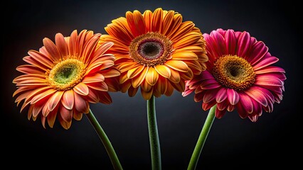 Black Background Floral Photography: Three Gerber Daisies, Macro Closeup, Dark Moody Aesthetic, Still Life