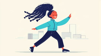 Obraz premium Cute Cartoon concept. Cheerful girl walking with confidence, wearing a stylish jacket and sporting vibrant hair.
