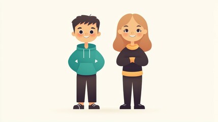Cute Cartoon concept. Two cartoon children standing together, smiling, dressed in casual attire.