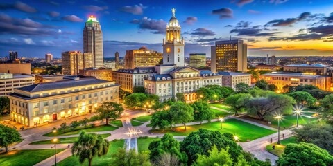 Obraz premium Stunning Cityscape at Dusk Featuring Urban Skyline and Gardens