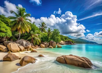 Breathtaking Long Exposure Panoramic View of Anse Lazio Beach, Praslin Island, Seychelles on a Sunny Day, Crystal Clear Waters, Lush Greenery, and Soft White Sand, Perfect for Nature Lovers