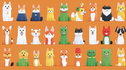 Obraz premium Cute Cartoon concept. Colorful cartoon dogs in various styles and poses against an orange background.