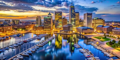 Fototapeta premium Stunning Cityscape at Dusk with Reflective Water and Lighted Marina