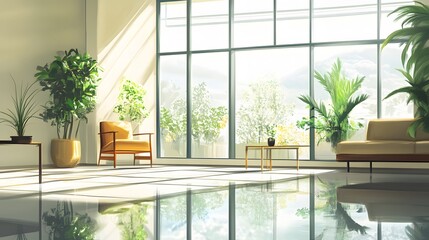 Fototapeta premium Sunlit Modern Living Room With Plants And Reflective Floor