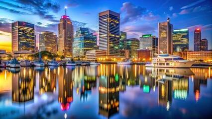 Naklejka premium Vibrant City Skyline Reflected in Calm Water at Sunset