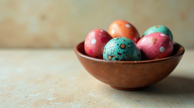 A rustic earthenware bowl filled with festively decorated eggs, showcasing a vibrant array of pastel colors and playful polka dot patterns.