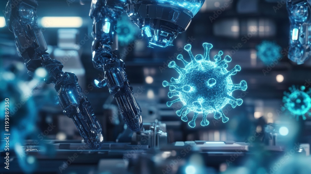 Aufkleber Robots neutralize viruses in a futuristic laboratory environment using advanced technology and precise movements. Generative AI