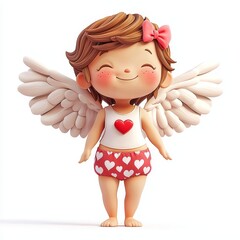 Happy Cartoon Cupid Character in 3D Style with Angel Wings and Cute Outfit for Valentine's Day Celebration