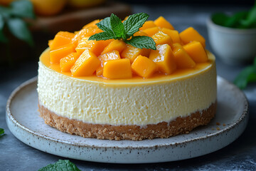 A whole round fruity mango cheesecake with a vibrant orange mango topping, a silky smooth filling, and a buttery biscuit crust, presented on a sleek, white plate with mint leaves.