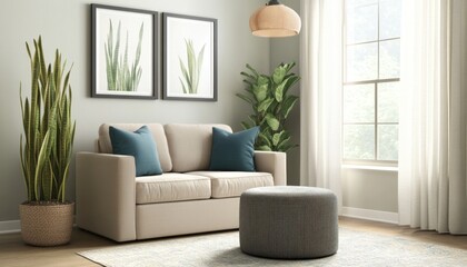 Chic small living room with beige loveseat and plants 1. Generative AI