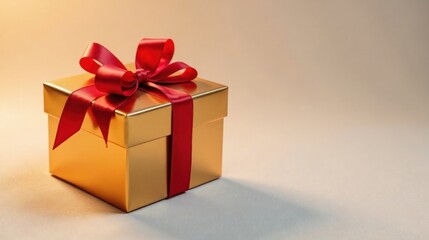 Obraz premium A Luxurious Gold Gift Box with a Crimson Ribbon Bow, Ready for a Special Occasion