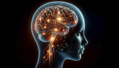 Obraz premium Atom A cutaway diagram of a human head, with one side showing a realistic brain and the other displaying 2