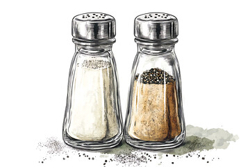 Two glass salt and pepper shakers, one filled with salt and the other with pepper.