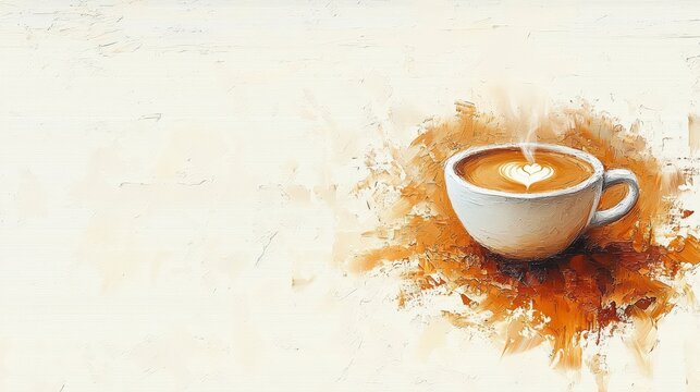 Steaming latte art in white cup on painted background.
