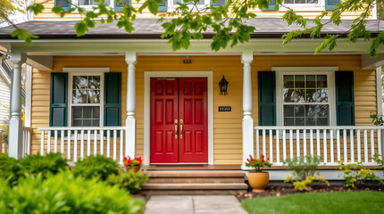 Obraz premium Charming Yellow House with Red Door and White Porch - Dream Home Exterior
