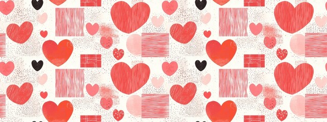 Playful Seamless Pattern Featuring Hearts and Geometric Shapes in Soft Pink and Red Tones Perfect for Creative Projects