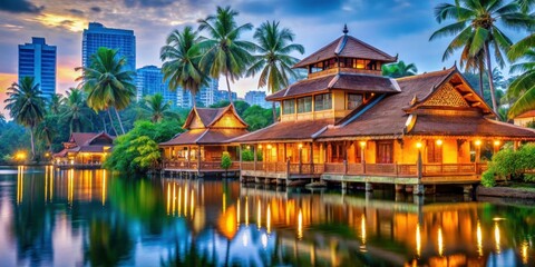 Fototapeta premium Serene Lakeside Resort with Palm Trees and Scenic Sunset Views