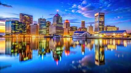 Fototapeta premium Vibrant City Skyline Reflected in Calm Water During Twilight