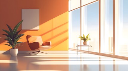 Sunny Modern Room Design With Orange Walls And Comfortable Chair