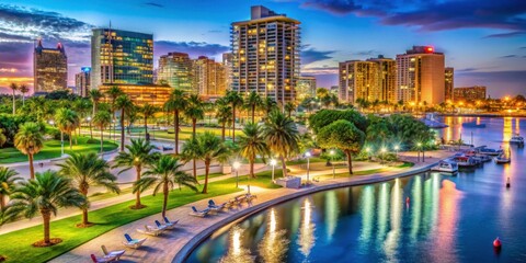 Naklejka premium Vibrant Cityscape at Dusk with Illuminated Skyline and Waterfront