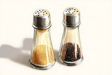 Two glass salt and pepper shakers with metal tops, containing spices for seasoning food.