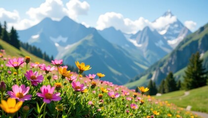 Soft petals of pink and yellow wildflowers swaying gently in the breeze beside towering mountain peaks, alpine, mountains