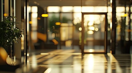 Fototapeta premium Blurred office interior background with a blurred door and glass wall, blurry bokeh light effect for a business concept design. High-quality photo, taken with a telephoto lens in realistic daylight.