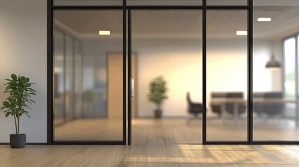 Fototapeta premium Blurred office interior background with a blurred door and glass wall, blurry bokeh light effect for a business concept design. High-quality photo, taken with a telephoto lens in realistic daylight.
