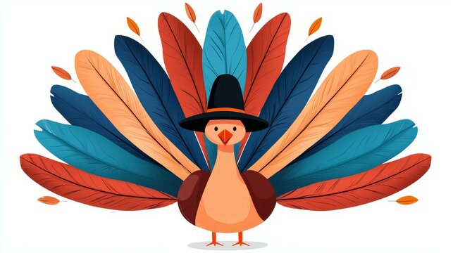 Cute Cartoon concept. Colorful turkey with a hat, surrounded by vibrant feathers, perfect for Thanksgiving themes.
