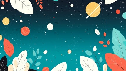 Cute Cartoon concept. Colorful leaves and celestial bodies create a whimsical cosmic scene.