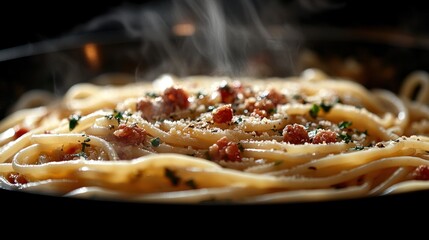 Steaming pasta dish, kitchen setting, culinary background, food photography for recipe books