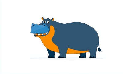 Cute Cartoon concept. Cartoon hippo with a blue face and orange belly standing playfully.