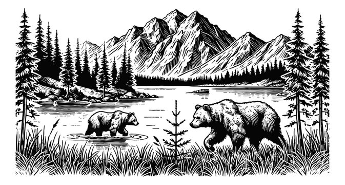 mountain landscape with a lake in the foreground, two bears walking in the water engraving black and white outline
