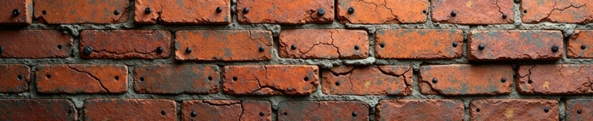 Weathered brick wall with massive cracks and rusty screws, worn stone, weathered brick