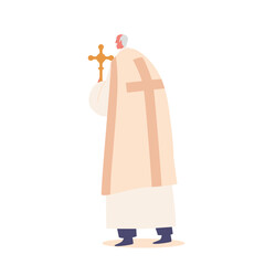 Bishop Holding A Cross With Pious Expression, Rear View Isolated on White Background, Religious Pope Character