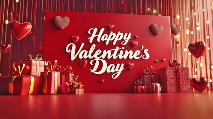 Stunning Red Banner Featuring Happy Valentine's Day Message with Gifts and Hearts for Celebration Decor