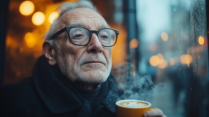 Elderly man with glasses, holding a warm beverage, looks thoughtfully out a window.