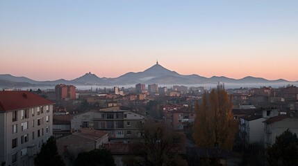 Obraz premium Serene sunrise over a town nestled in the mountains. Misty valley adds to the calmness.