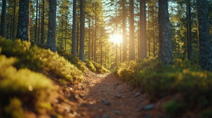 Sunlit Forest Path Hiking Trail at Sunset