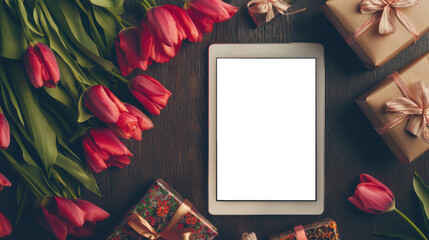 The concept of preparing for a romantic date. A mockup of a tablet surrounded by pink tulips and beautiful gift boxes, top view. A tablet with an empty screen for website advertising