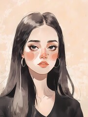 A portrait of a young woman with long black hair and large hoop earrings