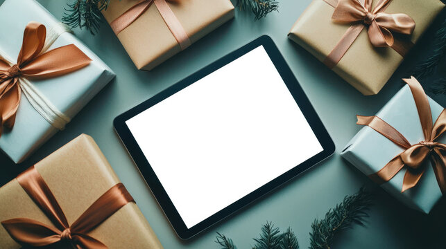 Tablet mockup. The tablet is surrounded by Christmas presents. A concept symbolizing the excitement and anticipation of the upcoming holiday season