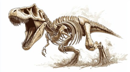 Detailed Illustration of a Tyrannosaurus Rex Skeleton Roaring with Its Mouth Wide Open