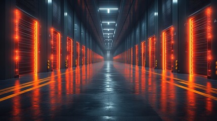 Fototapeta premium Modern High-Tech Storage Facility with Neon Lighting and Reflected Floors, Creating a Futuristic and Industrial Atmosphere for Various Uses