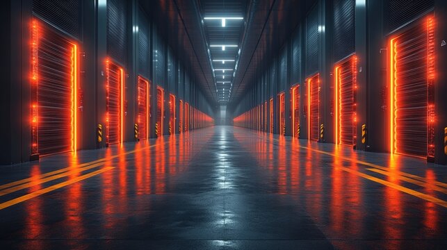 Modern High-Tech Storage Facility with Neon Lighting and Reflected Floors, Creating a Futuristic and Industrial Atmosphere for Various Uses - Powered by Adobe