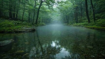 Fototapeta premium Misty river flows through dark green forest.