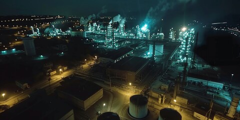 Fototapeta premium A nighttime view of an industrial complex with illuminated structures and smoke emissions.