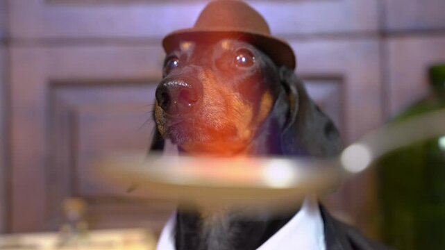 Cavista sets fire to alcohol with a match, moonshine in spoon Spectacular serving of cocktail in bar, checking quality of alcohol Elegant dachshund dog in hat checks the strength of the drink, flames