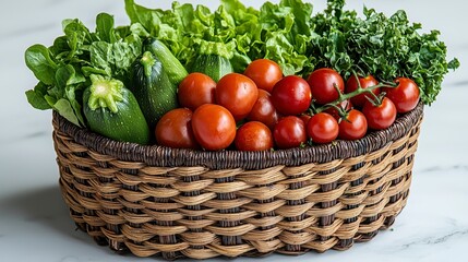 Fresh vegetables in a wicker basket lettuce, zucchini, tomatoes, and kale.