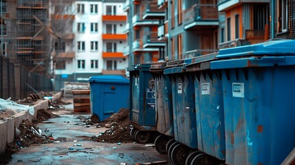 Trash bins in a construction site with new buildings in the background
